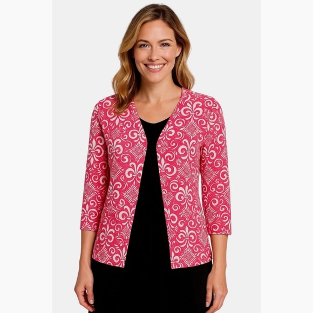 TWEEDS Pink White Scroll Pattern Open Front 3/4 Sleeve Cardigan Sweater L 79-06